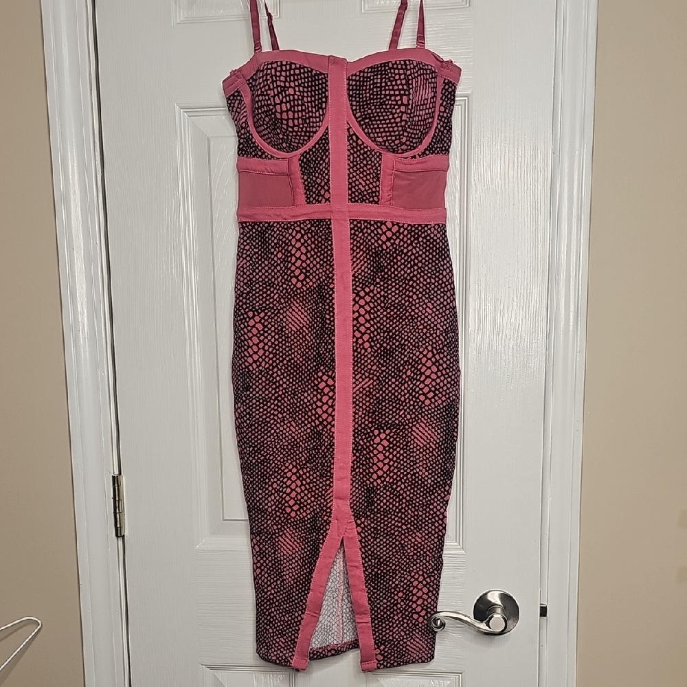 Material Girl Pink & Black Snake Print Textured Band Dress Removable Straps New